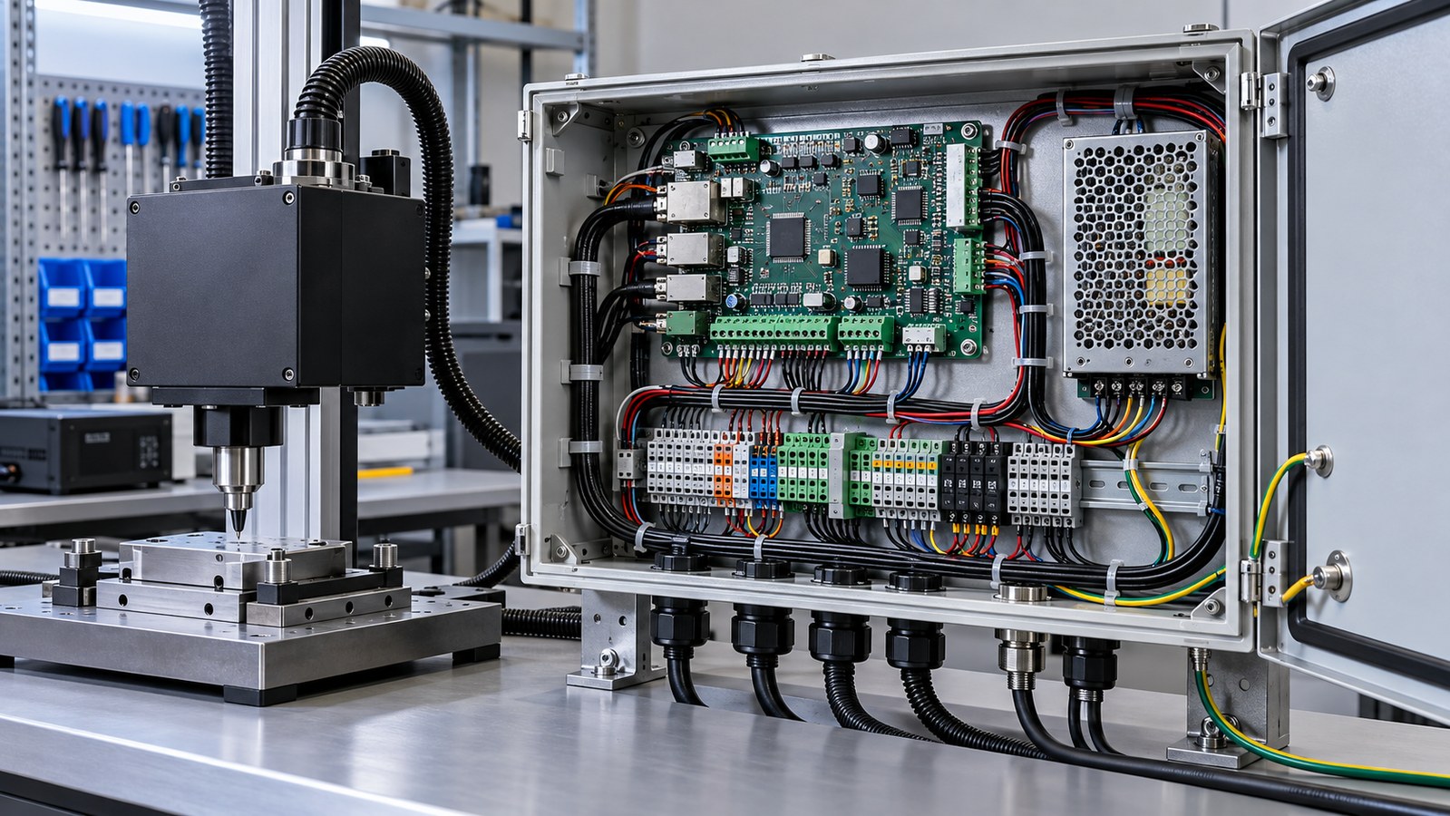 Open dot peen controller enclosure with PCB, power supply, terminal blocks, wiring harnesses, cable glands, grounding, and marking head on an empty integration bench