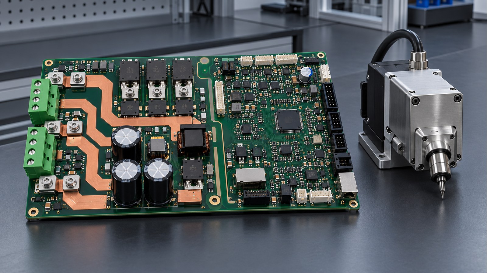 Dot peen controller PCB with wide copper power paths beside an industrial marking head on an empty engineering bench