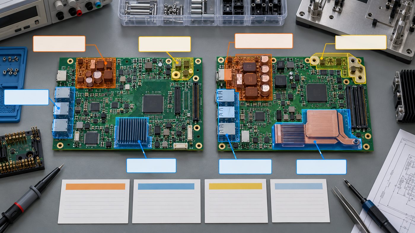 Two PCB revisions with highlighted power, interface, thermal, and mechanical change regions