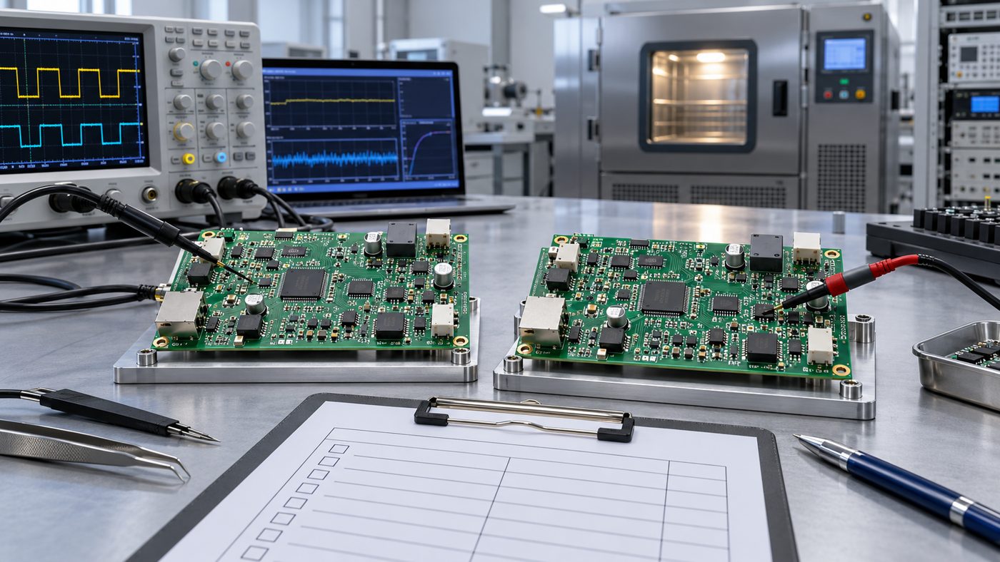 Two PCB revisions undergoing controlled design validation testing