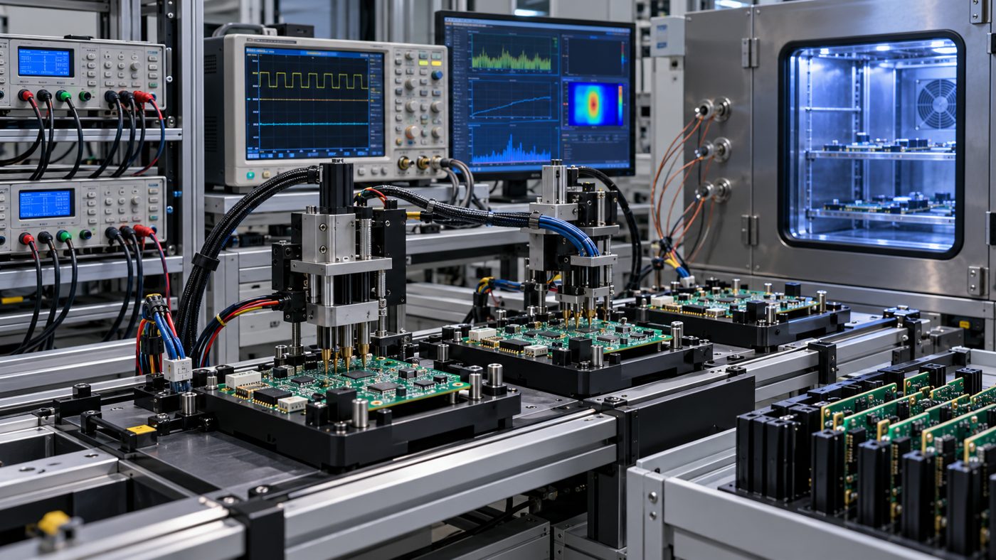 Automated PCB functional and environmental regression testing setup