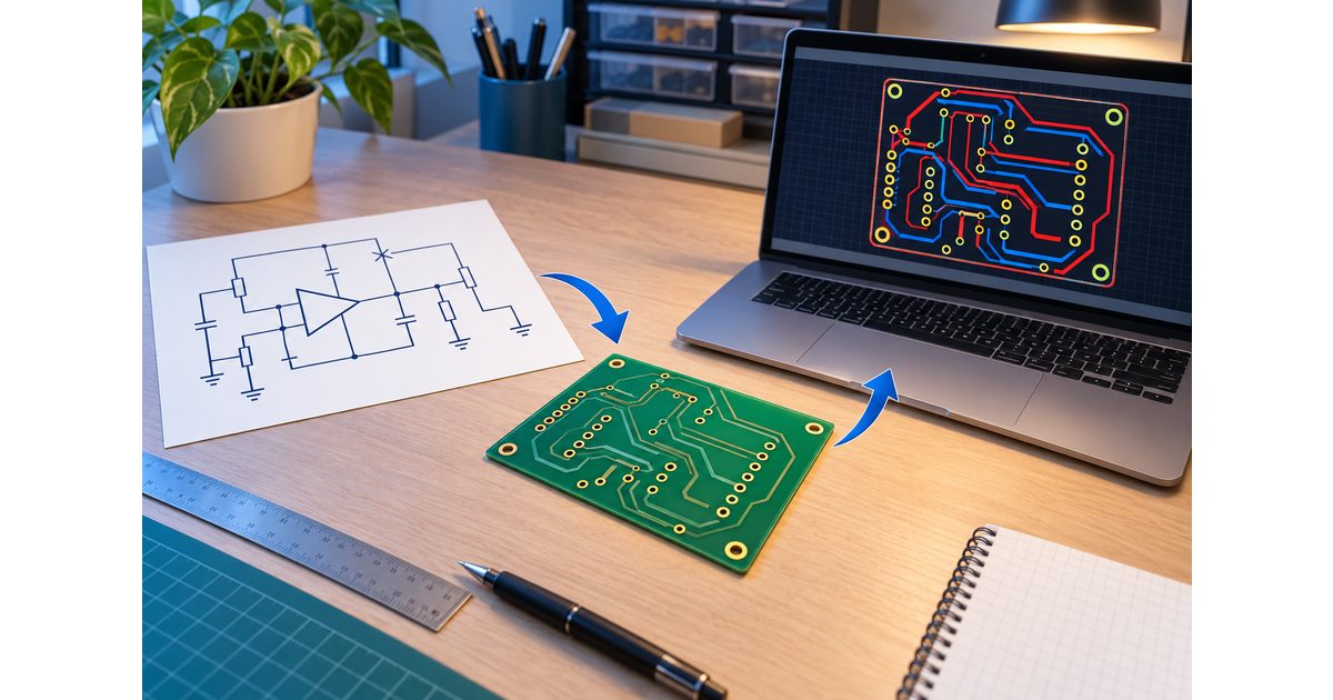 Conceptual schematic, generic PCB layout display, and bare printed circuit board