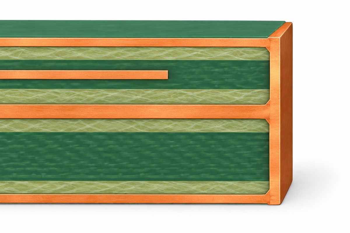 Conceptual PCB edge section with selected copper layers connected to sidewall plating and an isolated inner trace