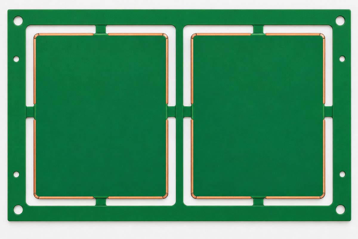 Conceptual routed PCB production panel with support tabs and selected edge-plating segments interrupted at the tabs