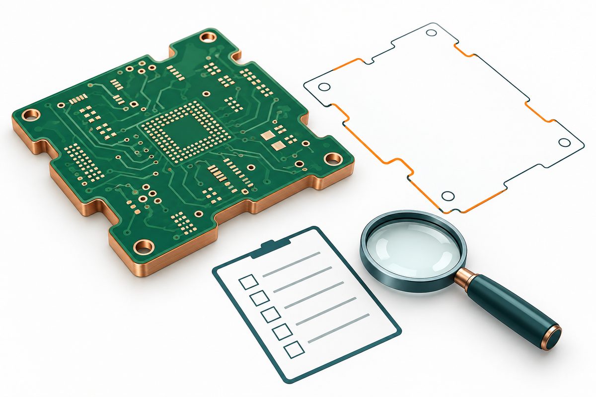 Conceptual edge-plated PCB with a highlighted contour drawing, blank inspection checklist, and magnifier