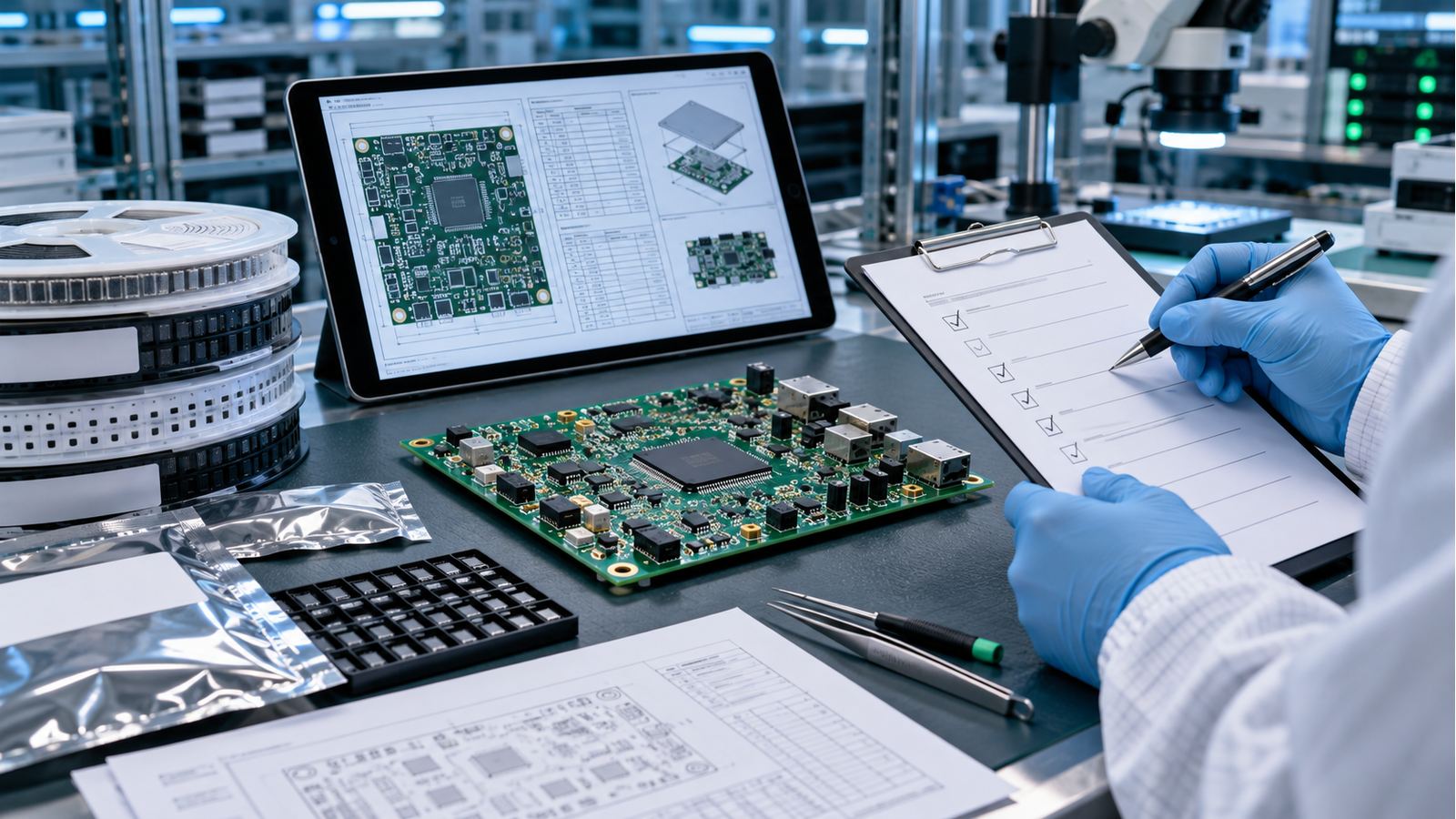 Engineer reviewing a PCB assembly, controlled files, component reels, and an EVT readiness checklist
