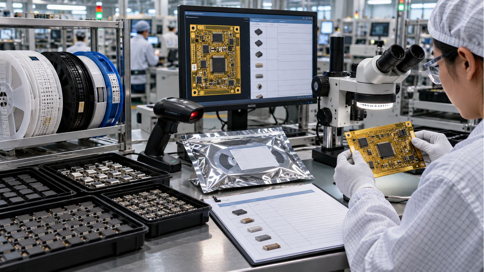 PCB component reels, inspection microscope, barcode scanner, and first-article board at an EVT material review station