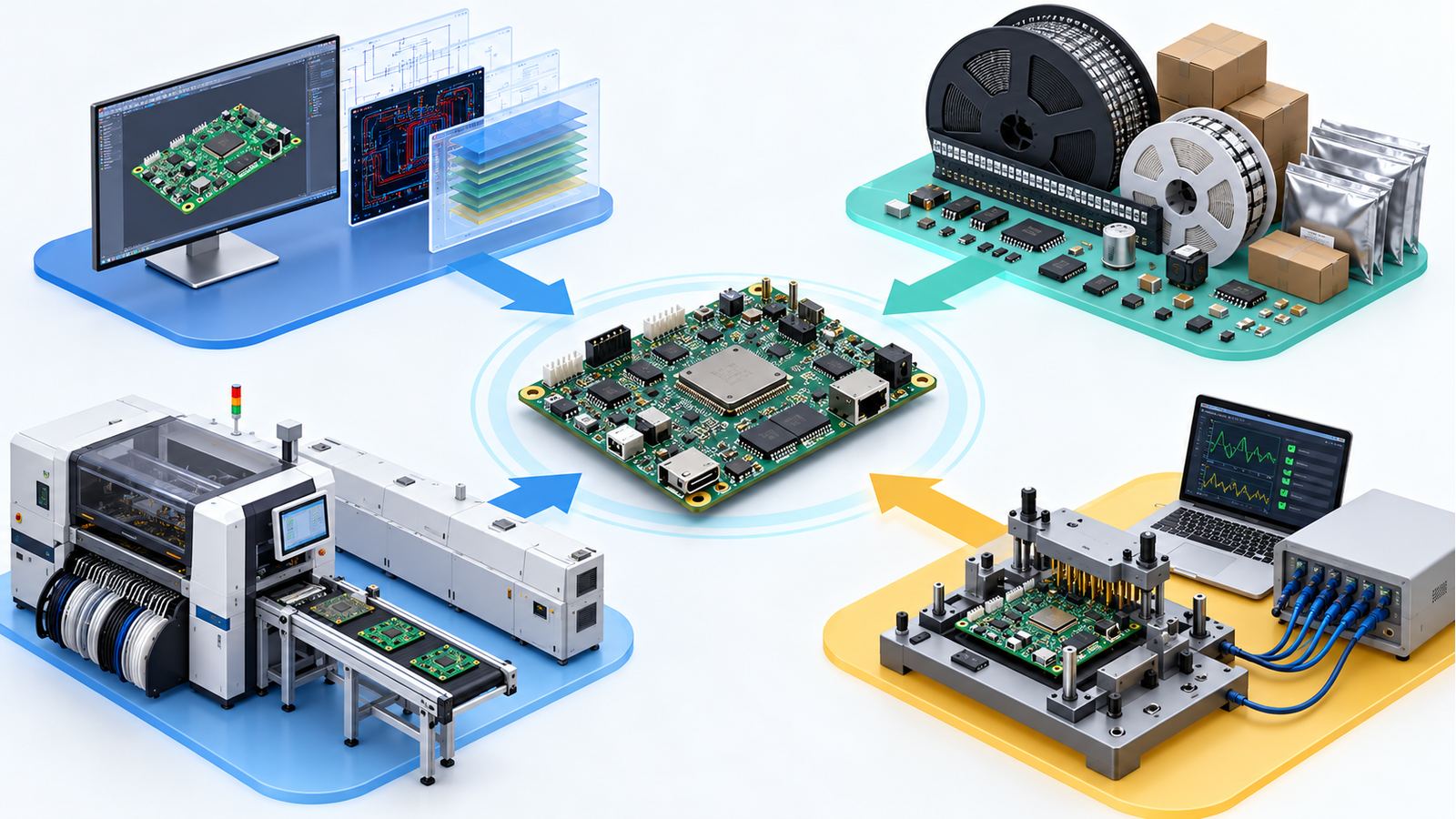 Conceptual EVT handoff map connecting PCB design, components, assembly, and test workstreams