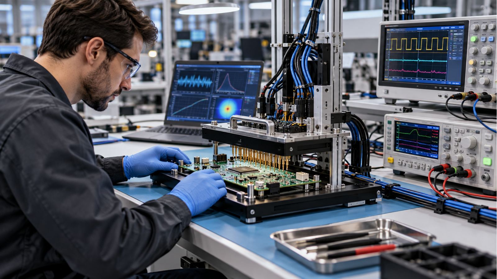 Engineer validating an EVT PCB assembly in a functional test fixture with laboratory instruments