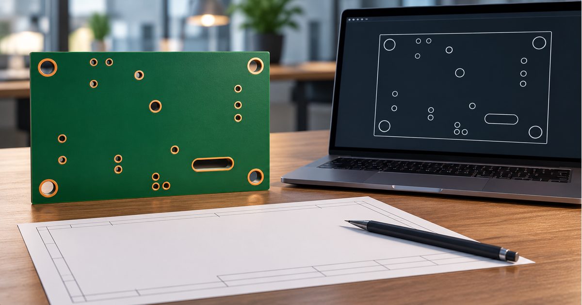 Conceptual bare PCB beside a laptop hole map and blank fabrication drawing