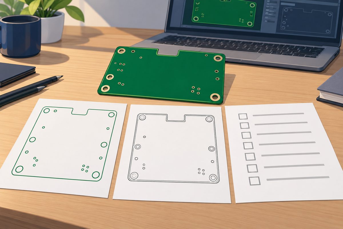 Conceptual PCB release package with hole map, fabrication drawing, and blank review checklist