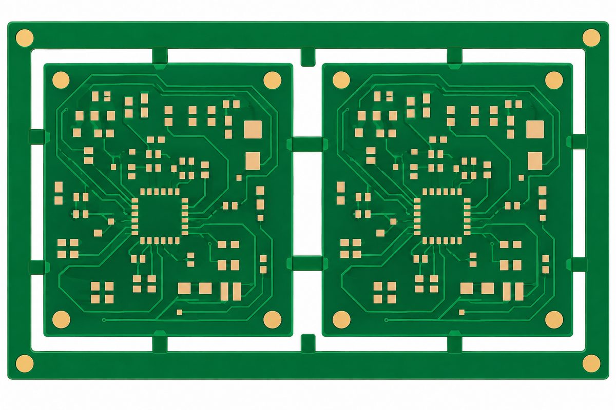 Conceptual PCB production panel with copper fiducial targets on the rails and individual board areas