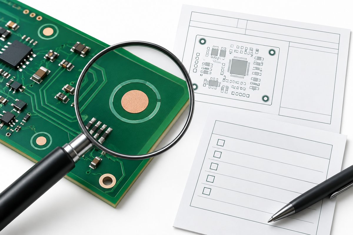 Conceptual PCB fiducial review with a magnifier, blank placement document, and empty checklist