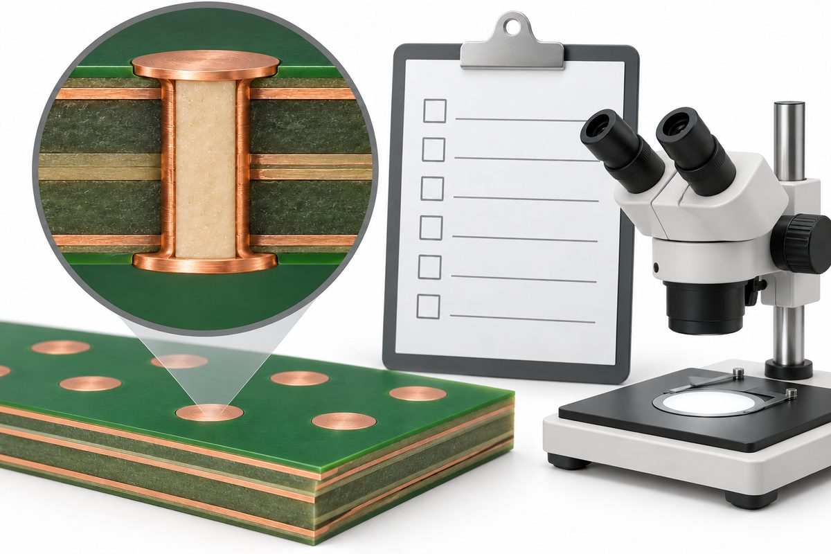Conceptual inspection planning for filled and capped PCB vias with a cutaway and blank engineering checklist