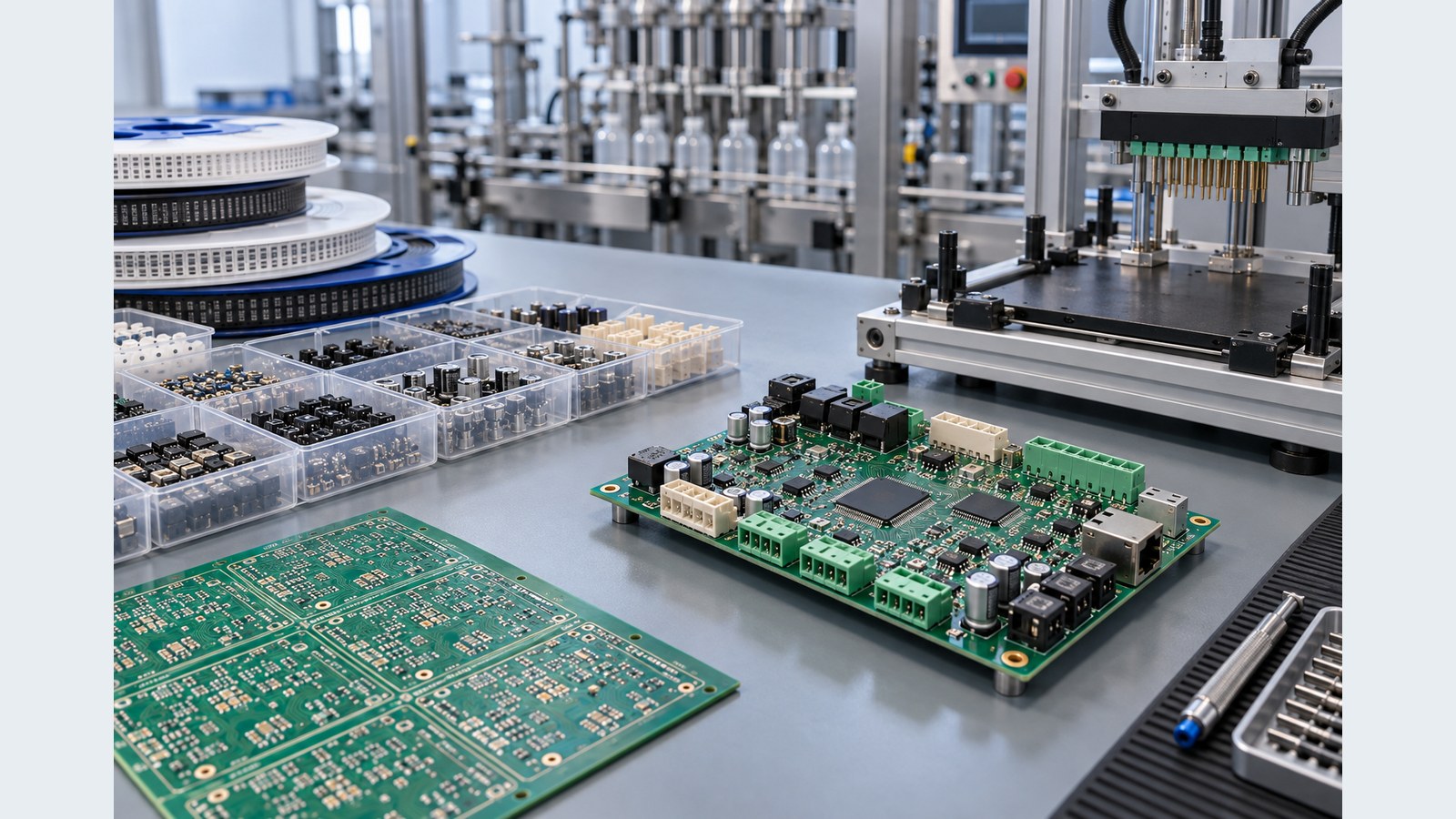Servo-driven filling machine controller PCBA with component reels, parts trays, bare PCB panel, and an unoccupied test fixture
