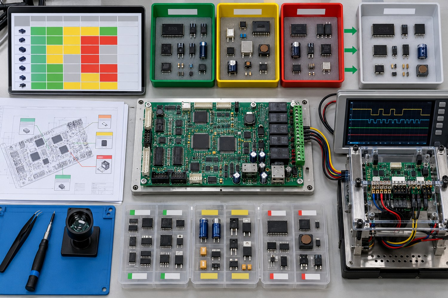 Flexo press controller board beside a color-coded BOM risk matrix, grouped lifecycle-status components, approved alternates, and a functional test fixture