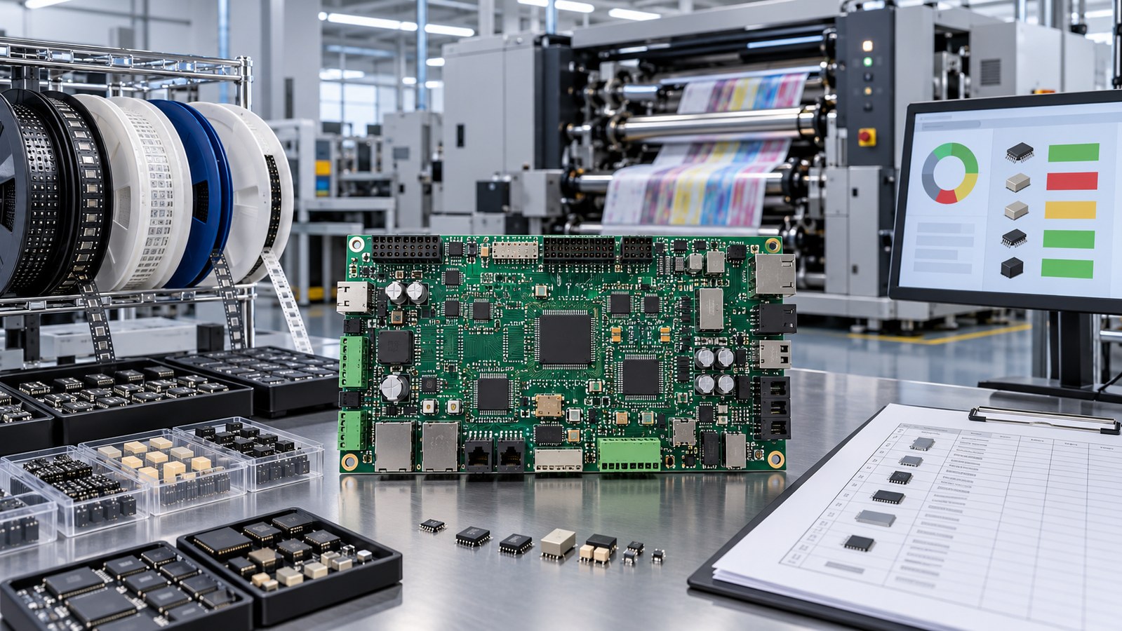 Flexo press controller PCB with component reels, approved alternates, BOM risk dashboard, and flexographic press equipment in an empty manufacturing lab