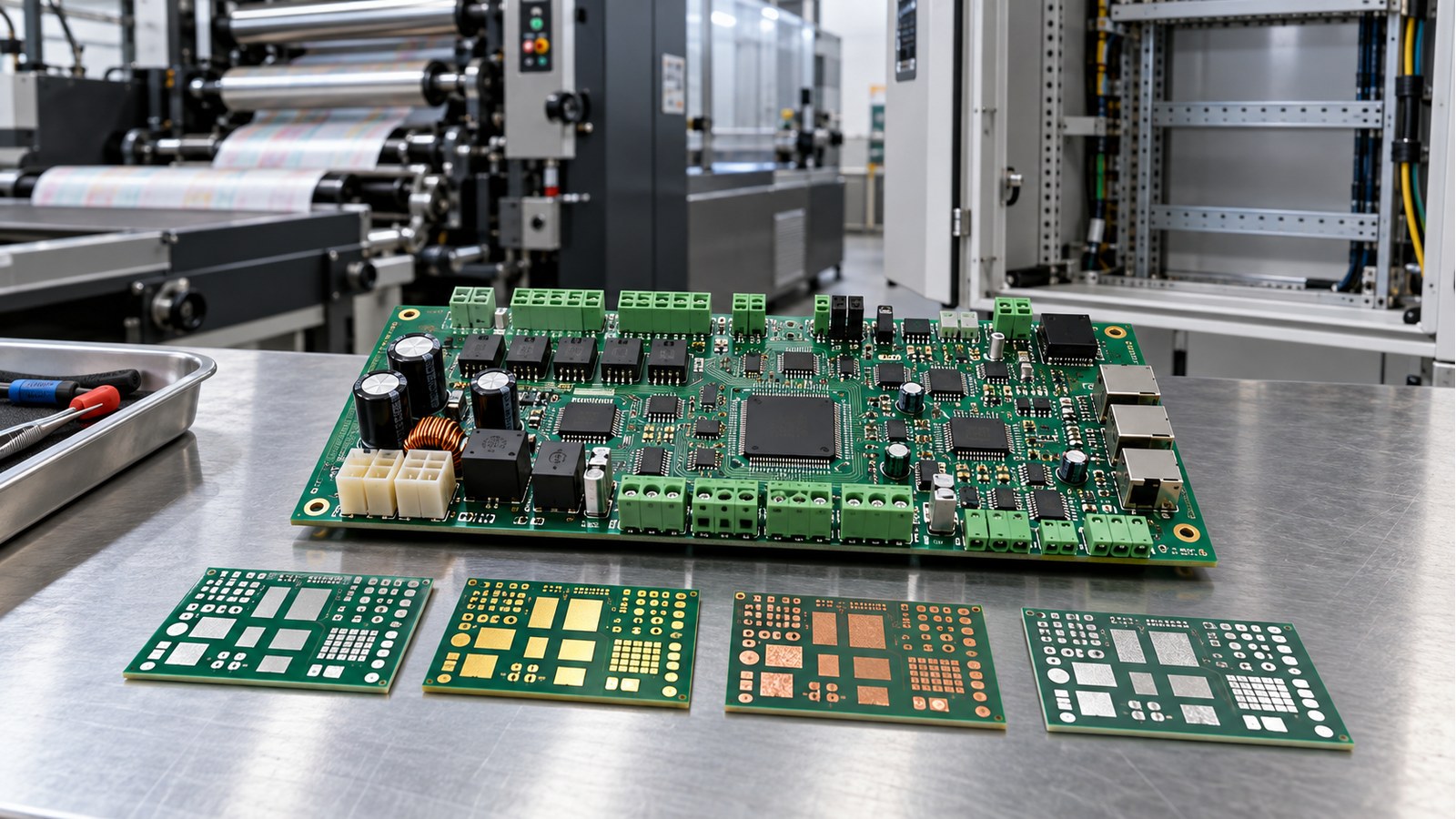Flexo press controller PCBA with four surface-finish coupons on an empty electronics engineering bench