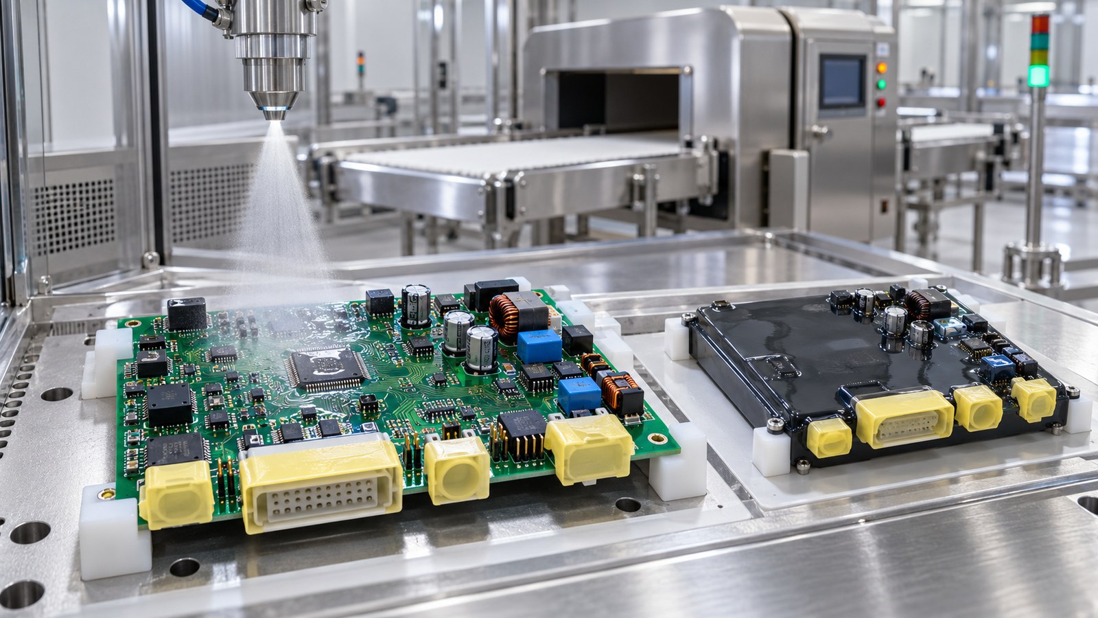 Food-line metal detector controller PCB samples prepared for conformal coating and potting in an empty stainless electronics coating cell