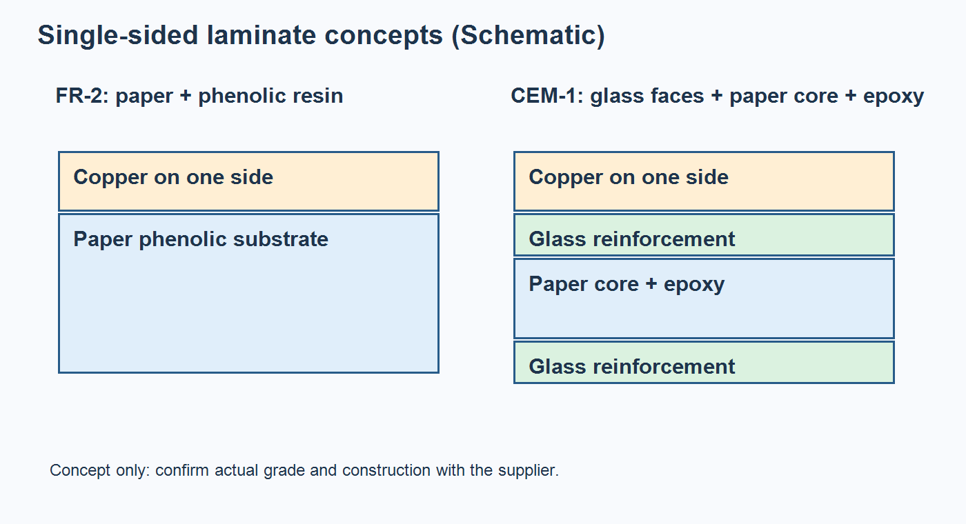 Schematic cross-sections of FR-2 paper phenolic and CEM-1 glass-surface paper-core laminates