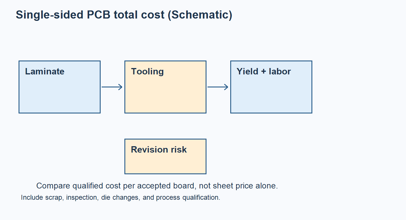 Schematic of single-sided PCB cost factors including laminate, tooling, yield, and revision risk