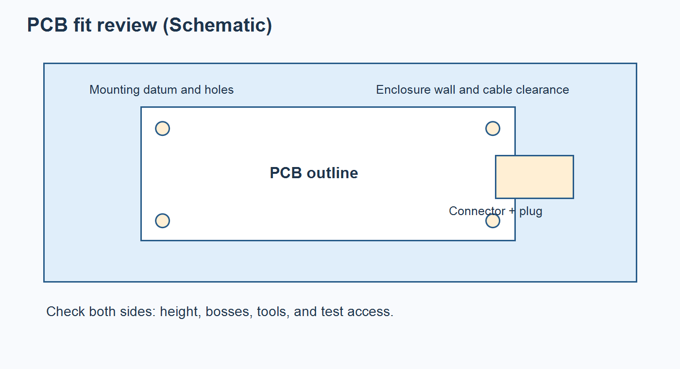 Schematic of a PCB inside an enclosure with mounting holes, connector access, component height, and cable keepout zones
