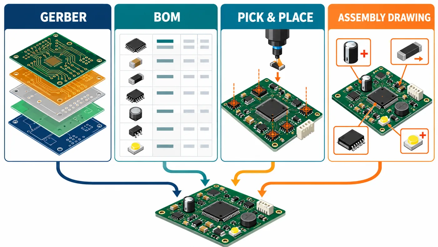 Comparison of Gerber, BOM, pick-and-place, and PCB assembly drawing roles in a PCBA data package