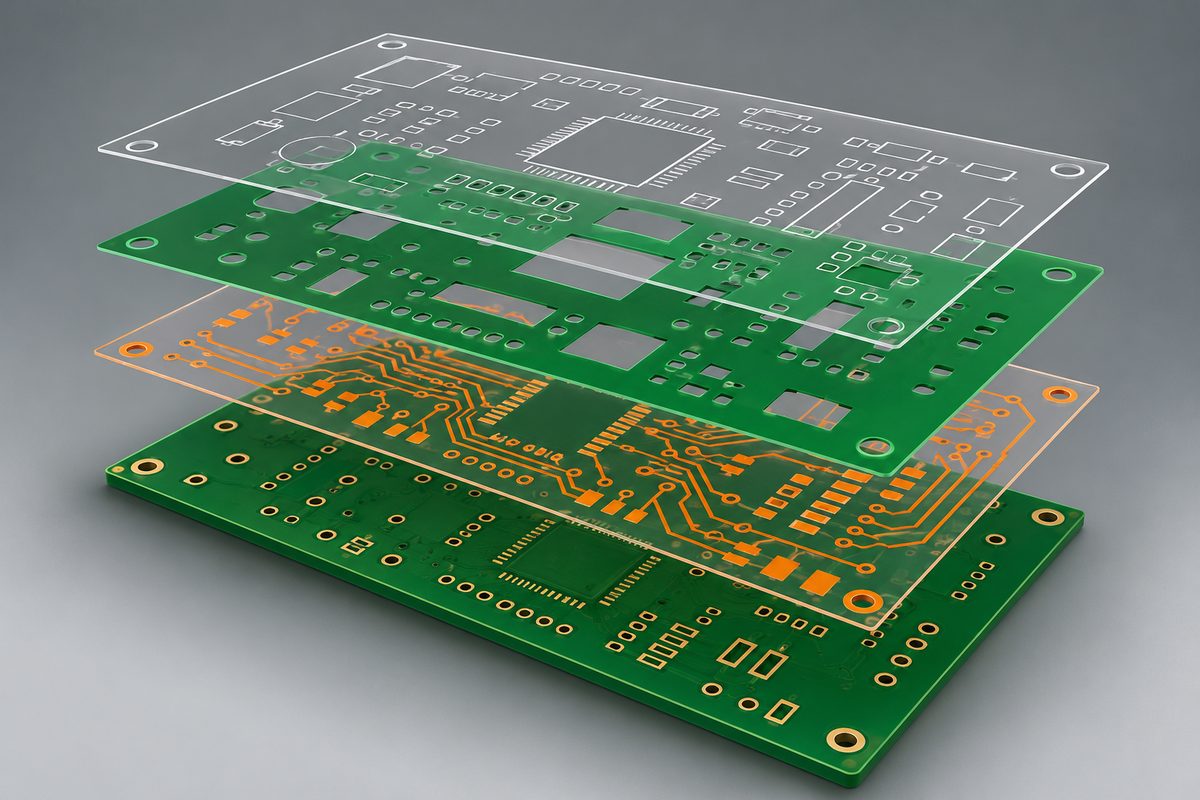 Conceptual separated copper, solder mask, and legend artwork sheets above a bare PCB