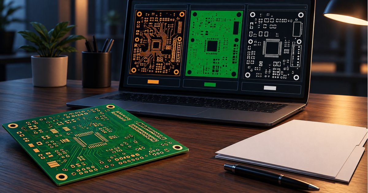 Conceptual bare PCB beside a laptop displaying copper, mask, and legend previews