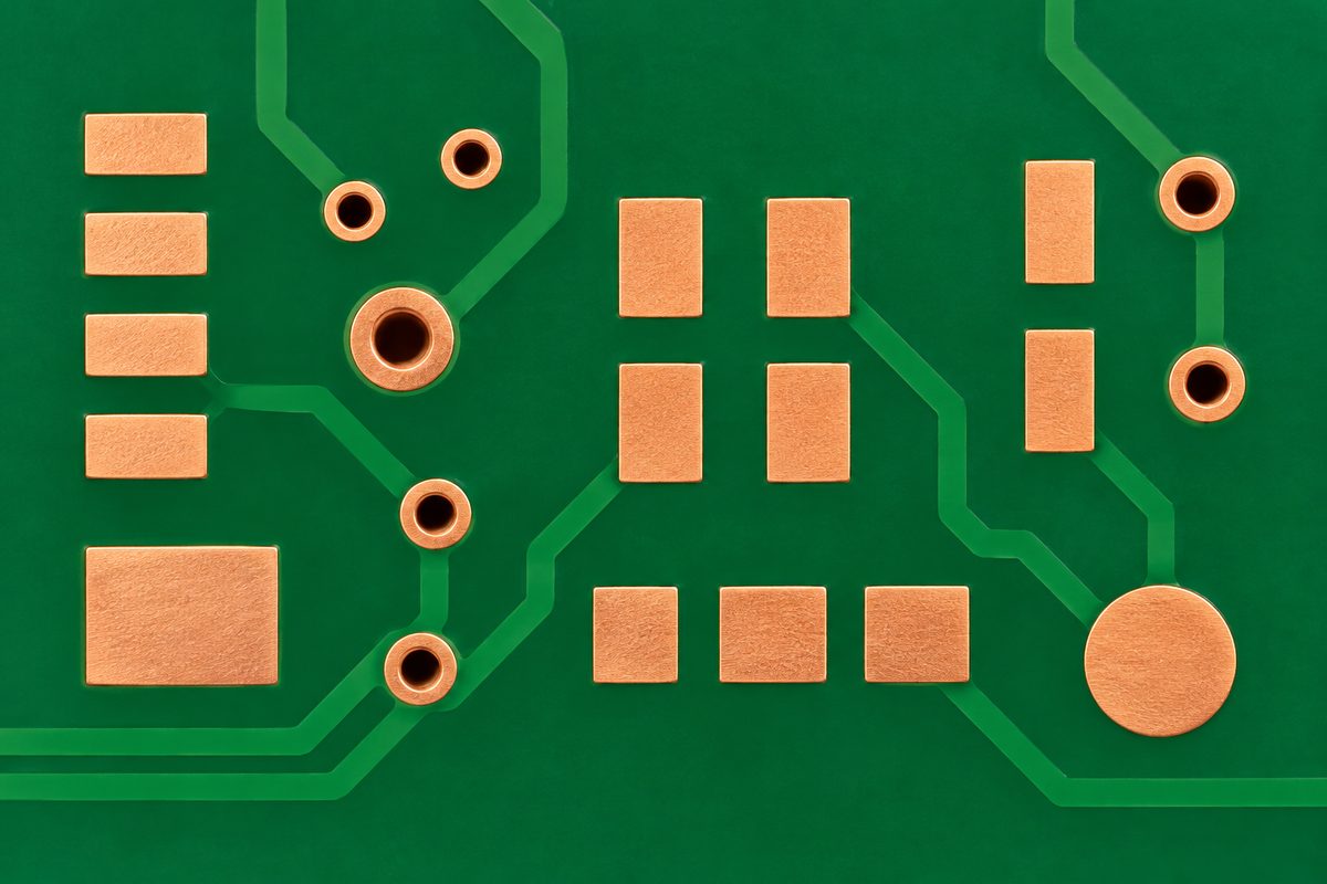 Conceptual PCB feature comparison showing rectangular pads, circular via holes, and a solid fiducial