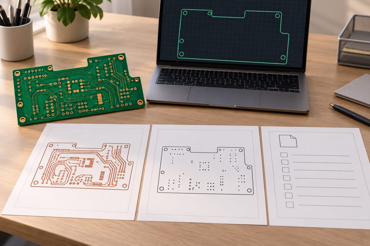 Conceptual PCB beside copper artwork, hole-pattern document, and blank file manifest