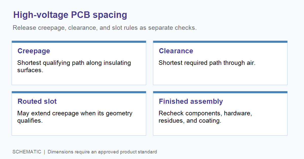 Schematic overview of creepage, clearance, routed slots, and finished assembly checks on a high-voltage PCB