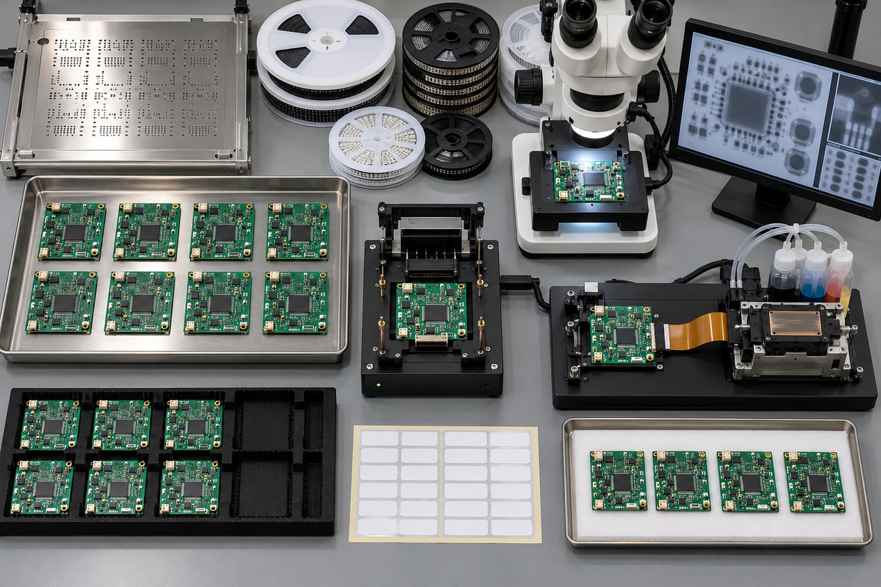 Pilot lot of inkjet controller boards arranged with stencil, component reels, inspection microscope, programming fixture, and functional test fixture connected to a printhead module