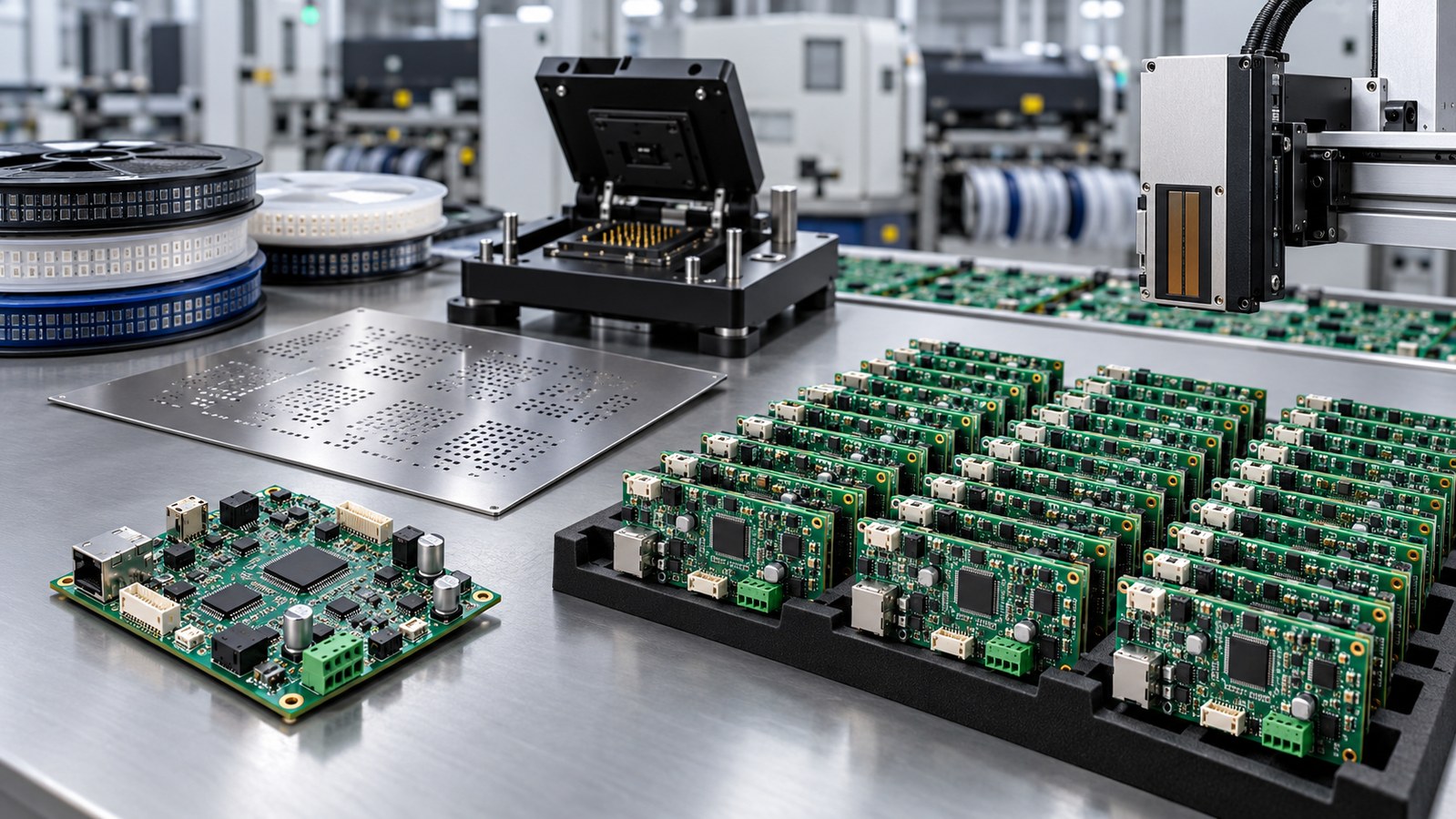Inkjet printer controller PCB prototype beside an organized array of production boards, component reels, stencil, test fixture, and printhead module in an empty factory