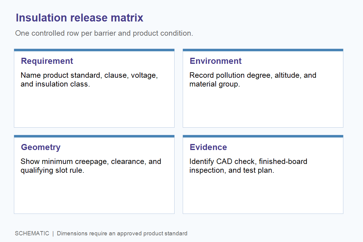 Schematic insulation release matrix linking standard, environment, geometry, and acceptance evidence