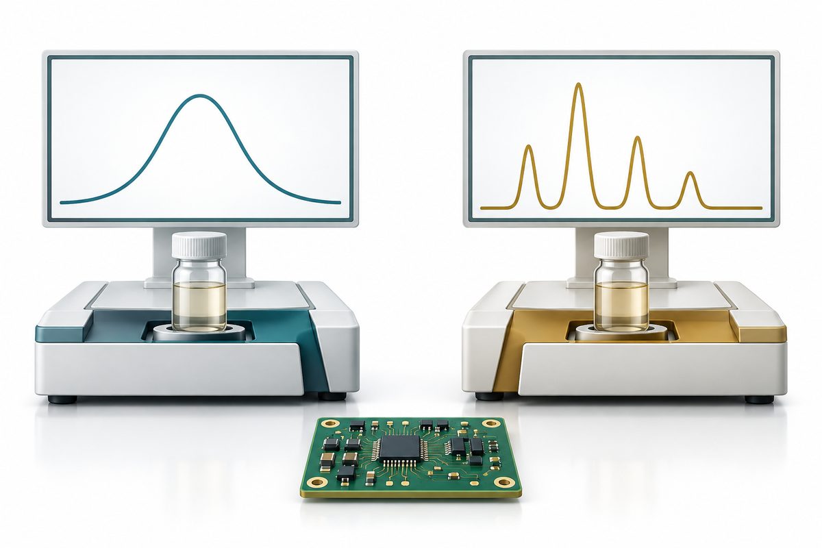 Conceptual comparison of a bulk measurement display and a species-resolved analytical display beside sample vials