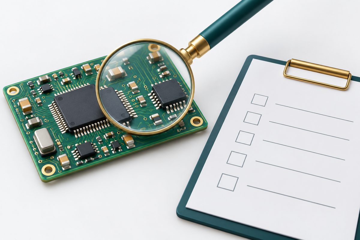 Conceptual assembly cleanliness review with a PCB, magnifier, and blank inspection report