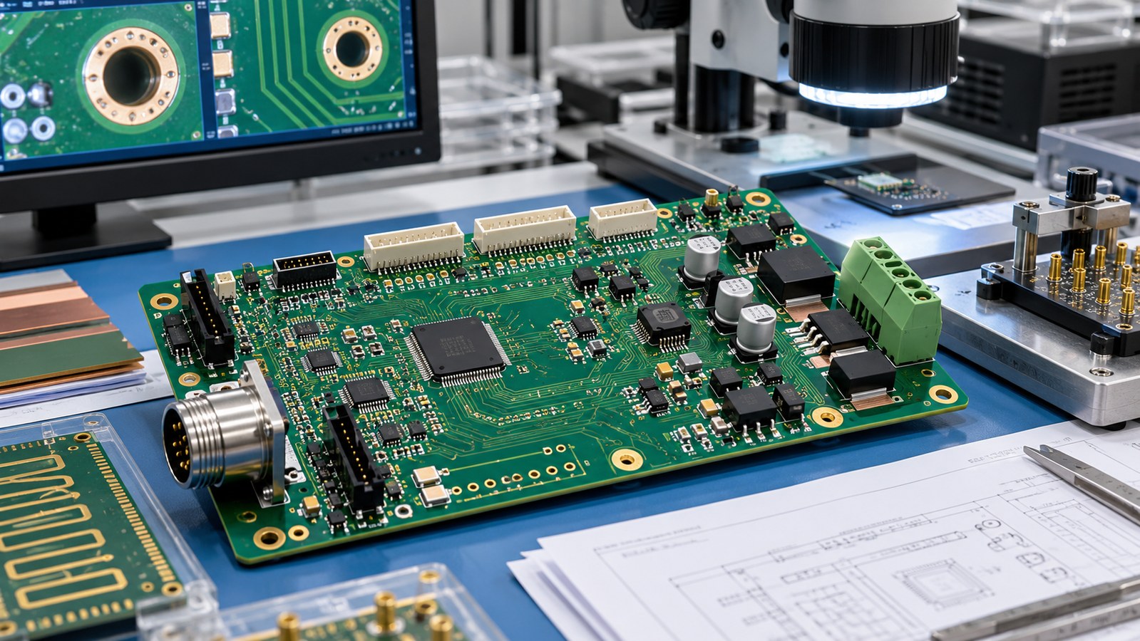 Ribbon-tension controller PCB with plated holes, connectors, motor-driver power stage, microscope, and test fixture in a quality laboratory