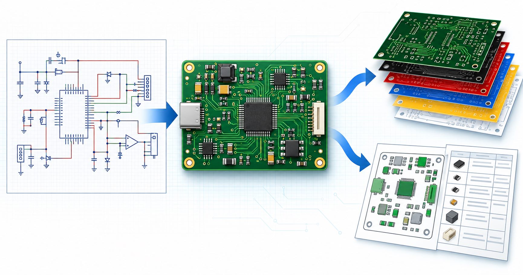 Illustration of a schematic, PCB layout, fabrication outputs and assembly data in a controlled release workflow