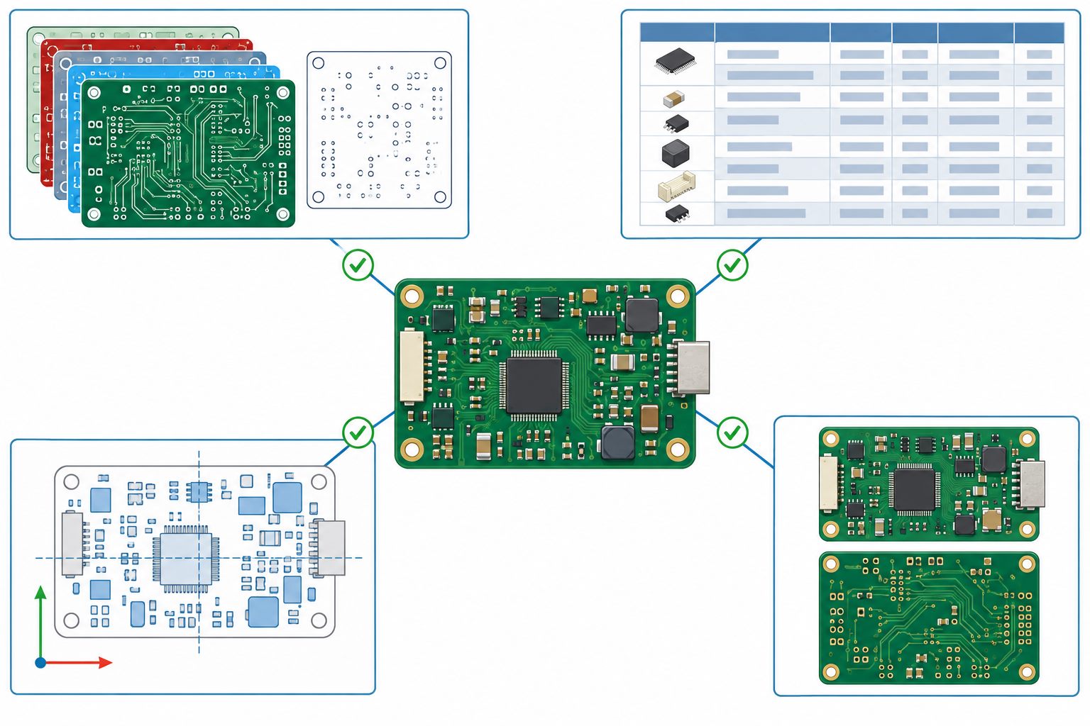 Illustration of PCB fabrication data, BOM, placement map, and assembly views cross-checked around one board