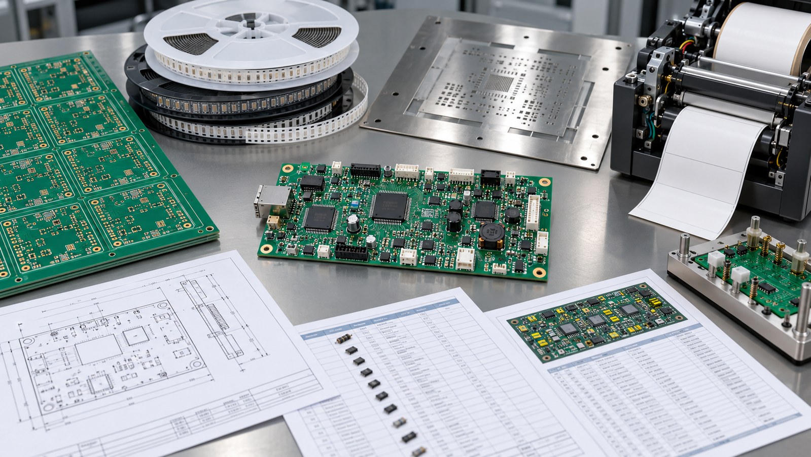 Label printer controller PCB with bare boards, component reels, stencil, manufacturing drawings, BOM, printer mechanism, and test fixture on an empty electronics bench