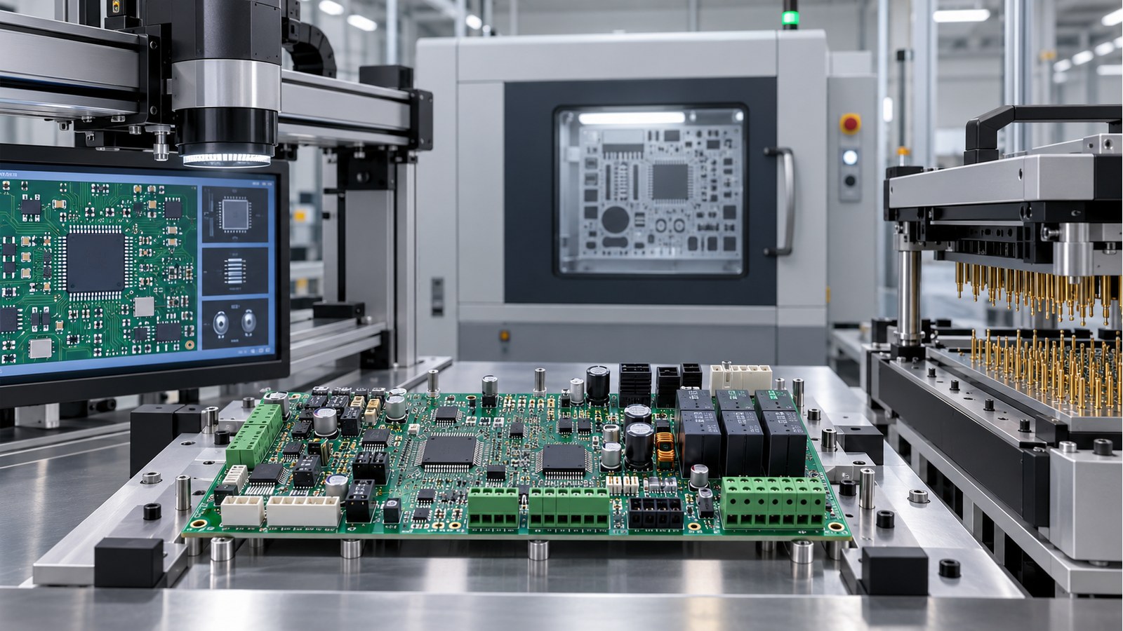 Labeling-machine controller PCBA in an empty inspection cell with AOI, enclosed X-ray, and in-circuit test equipment