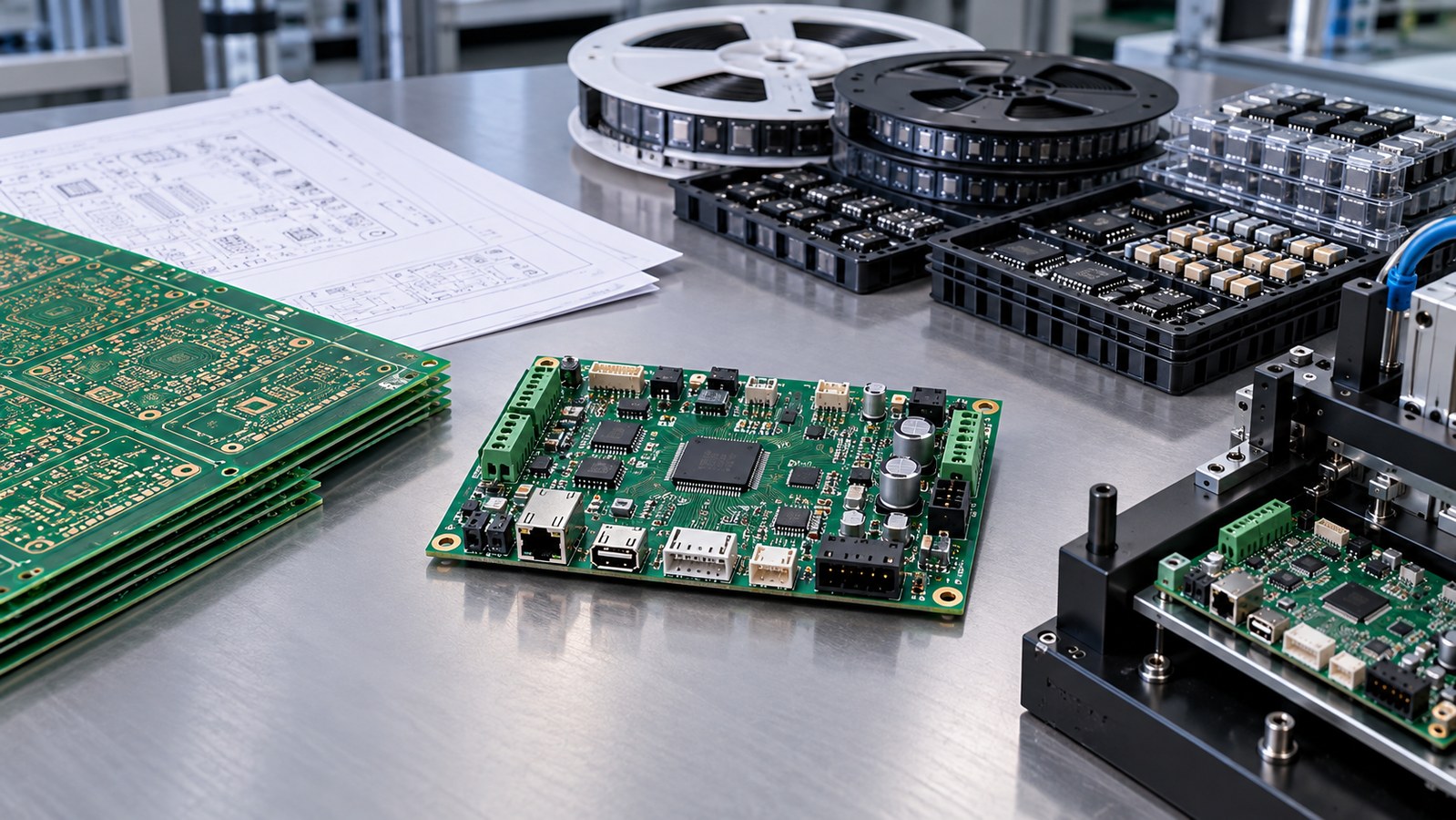 Laser coder controller PCB with bare boards, component reels, fabrication drawings, and a functional test fixture on an empty electronics workbench
