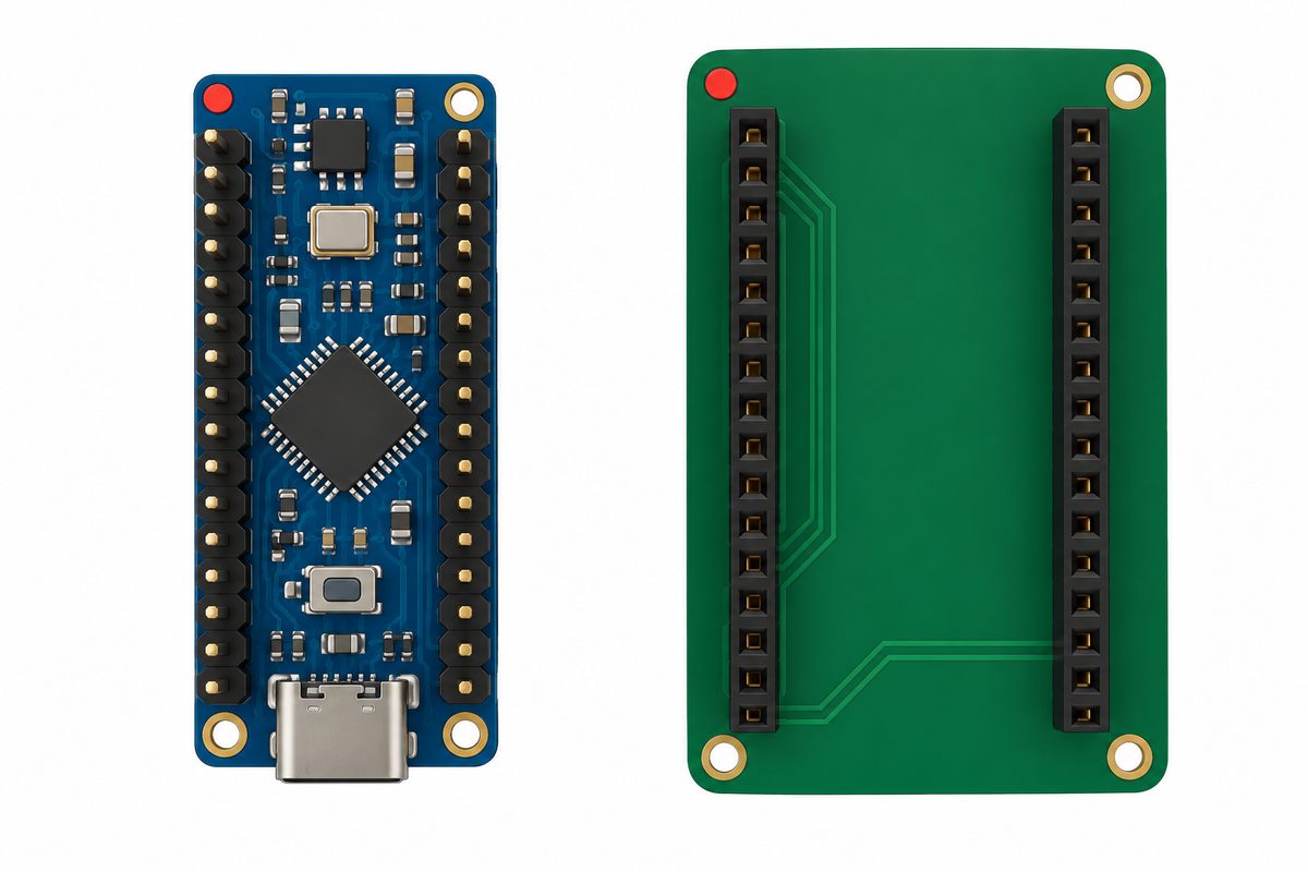 Conceptual comparison of a two-row microcontroller module and a carrier footprint with an orientation marker