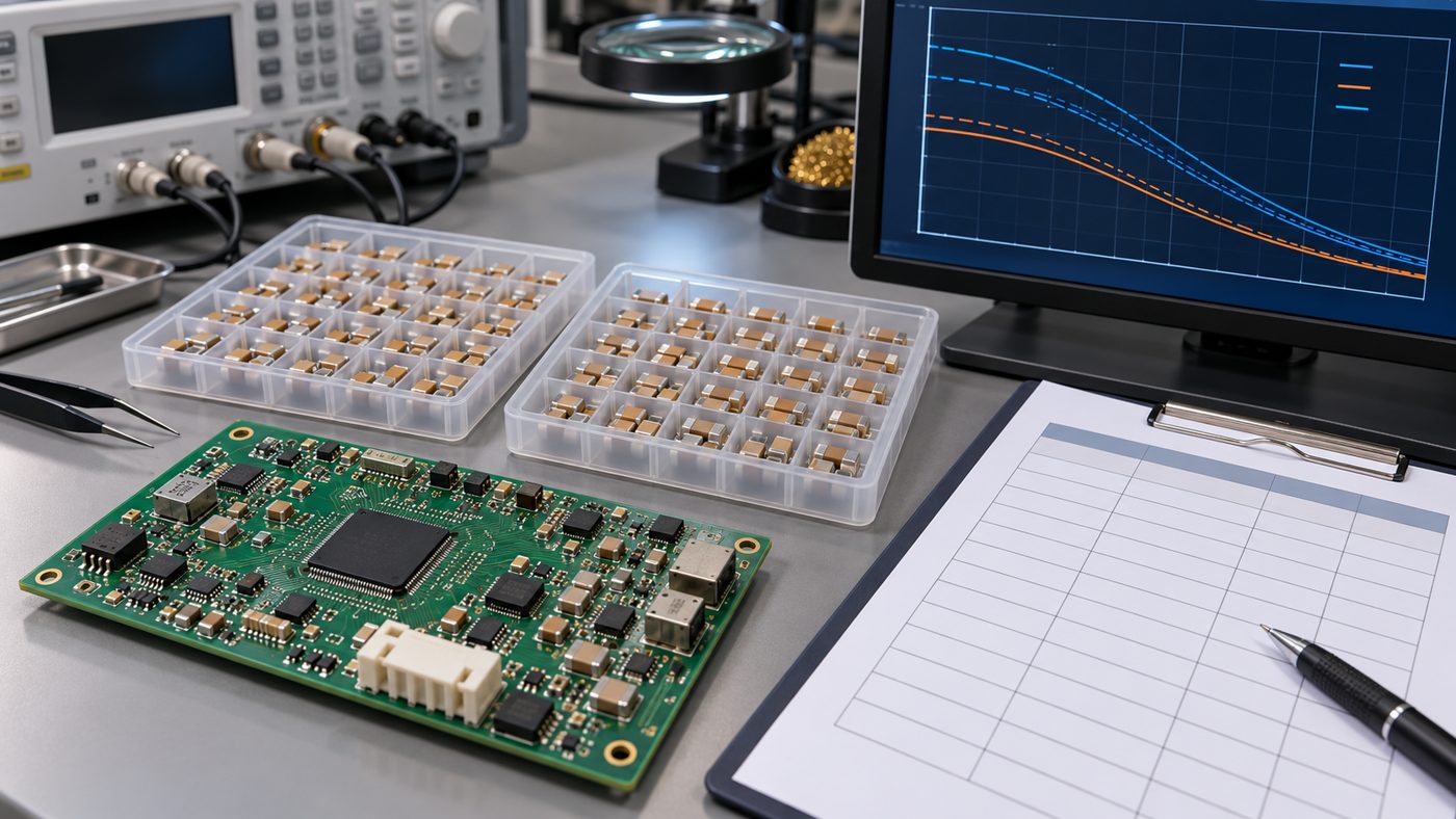 Engineering workstation comparing MLCC BOM alternates and DC-bias curves