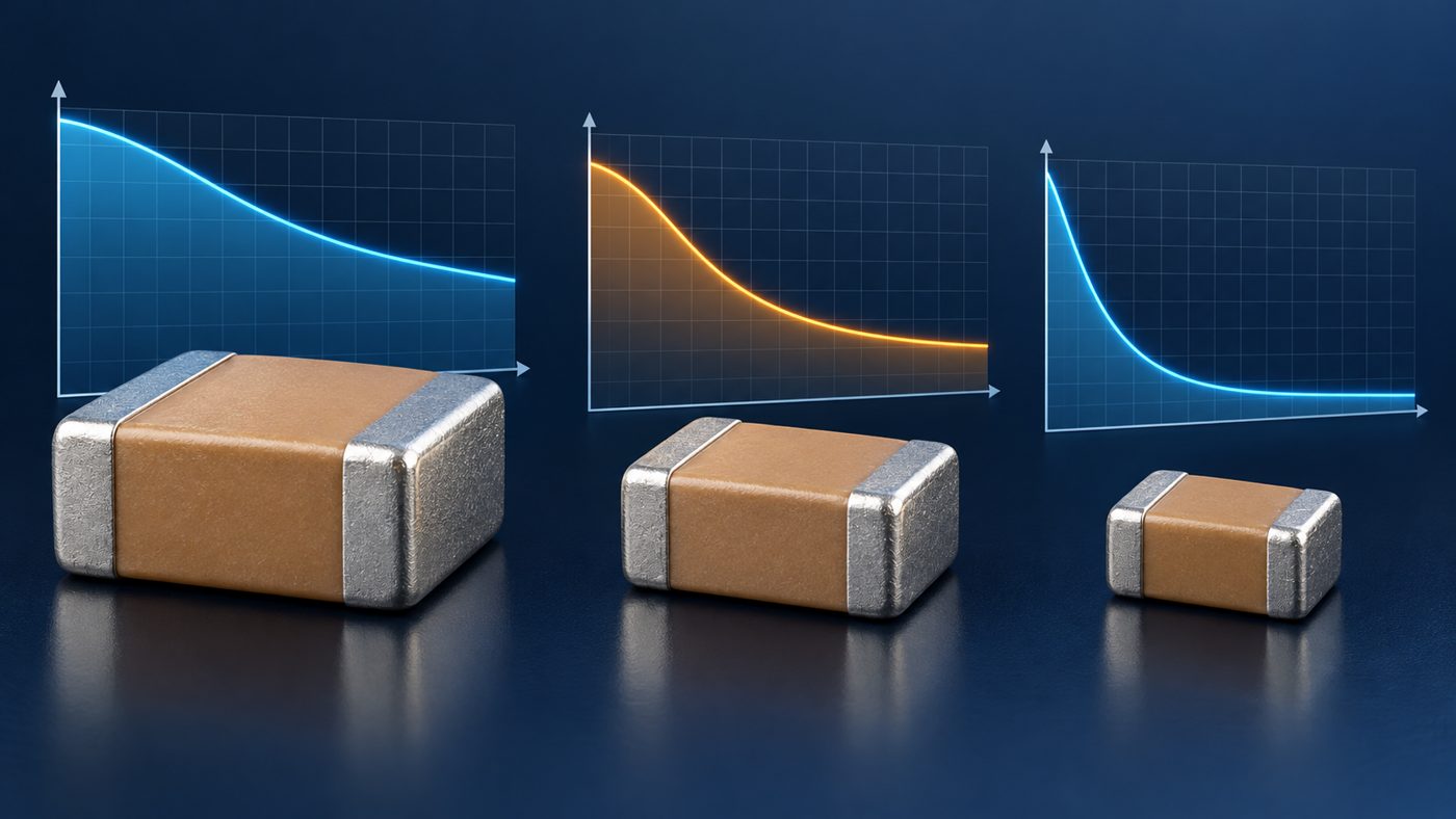 Conceptual comparison of MLCC package size and different capacitance loss under DC bias