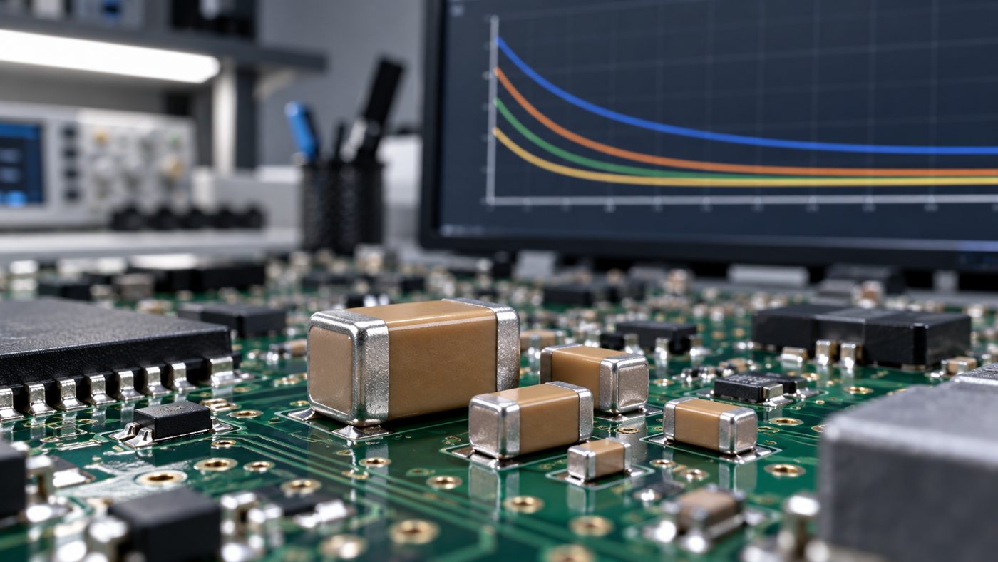 MLCC capacitors on a PCB with capacitance curves for BOM alternate review
