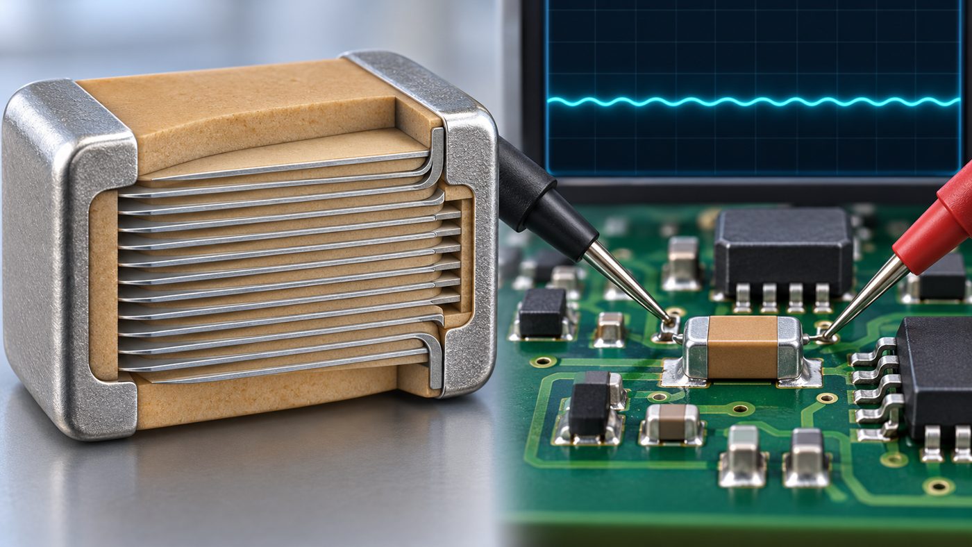 Conceptual MLCC internal electrodes and in-circuit validation on a PCB