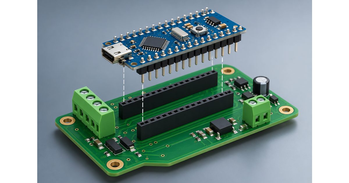 Conceptual narrow microcontroller module above a custom carrier PCB with matching sockets