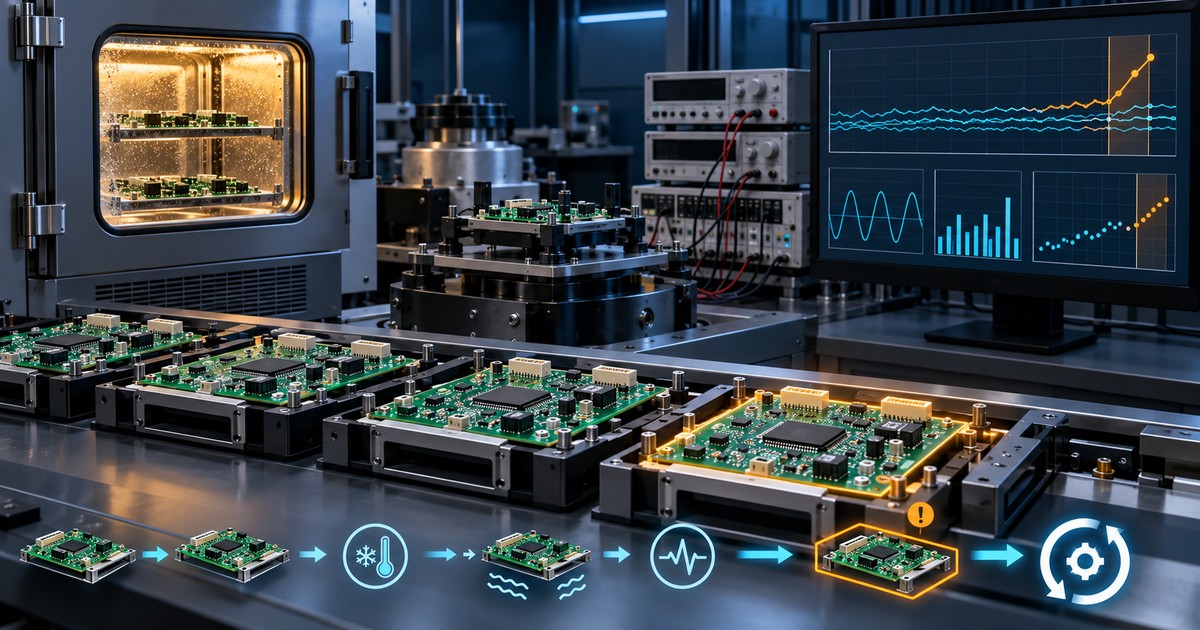 Production PCB assemblies undergoing environmental and powered reliability testing with trend monitoring and no people